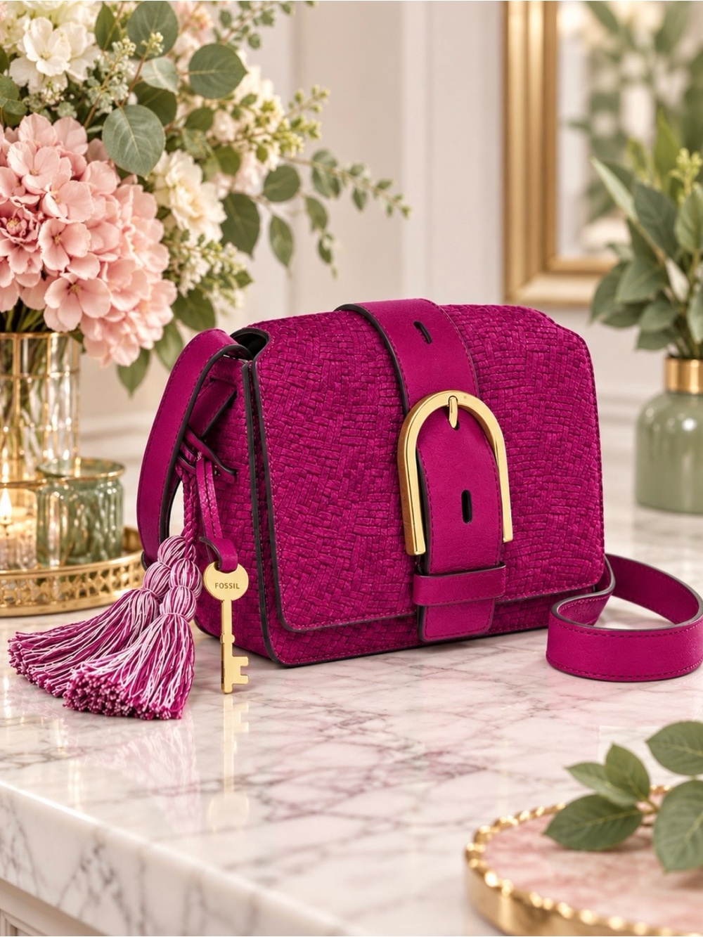 Fossil Wiley Crossbody Bag Vibrant Magenta Gold Tone Buckle Tassel